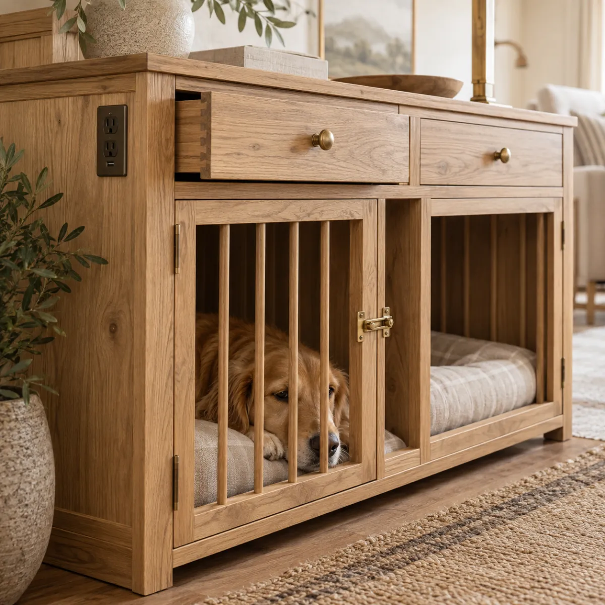 Dog crate furniture with drawers and charging station, door open