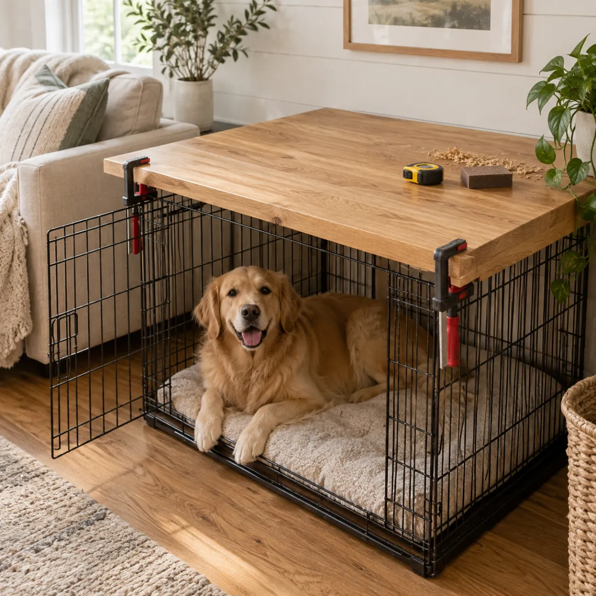 DIY wooden dog crate topper on a wire crate in a workshop