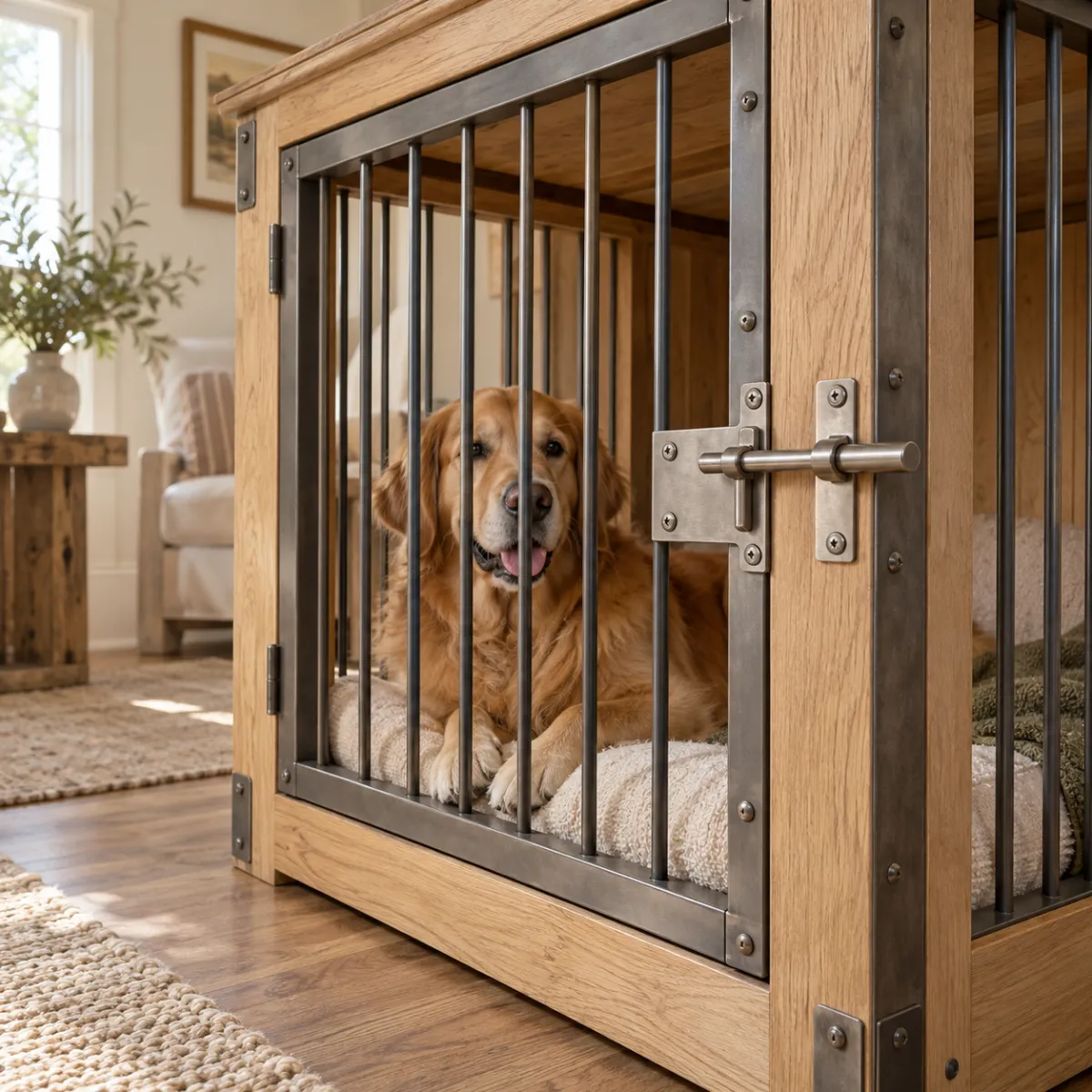 Heavy-duty wooden dog crate with steel bars and dual latch