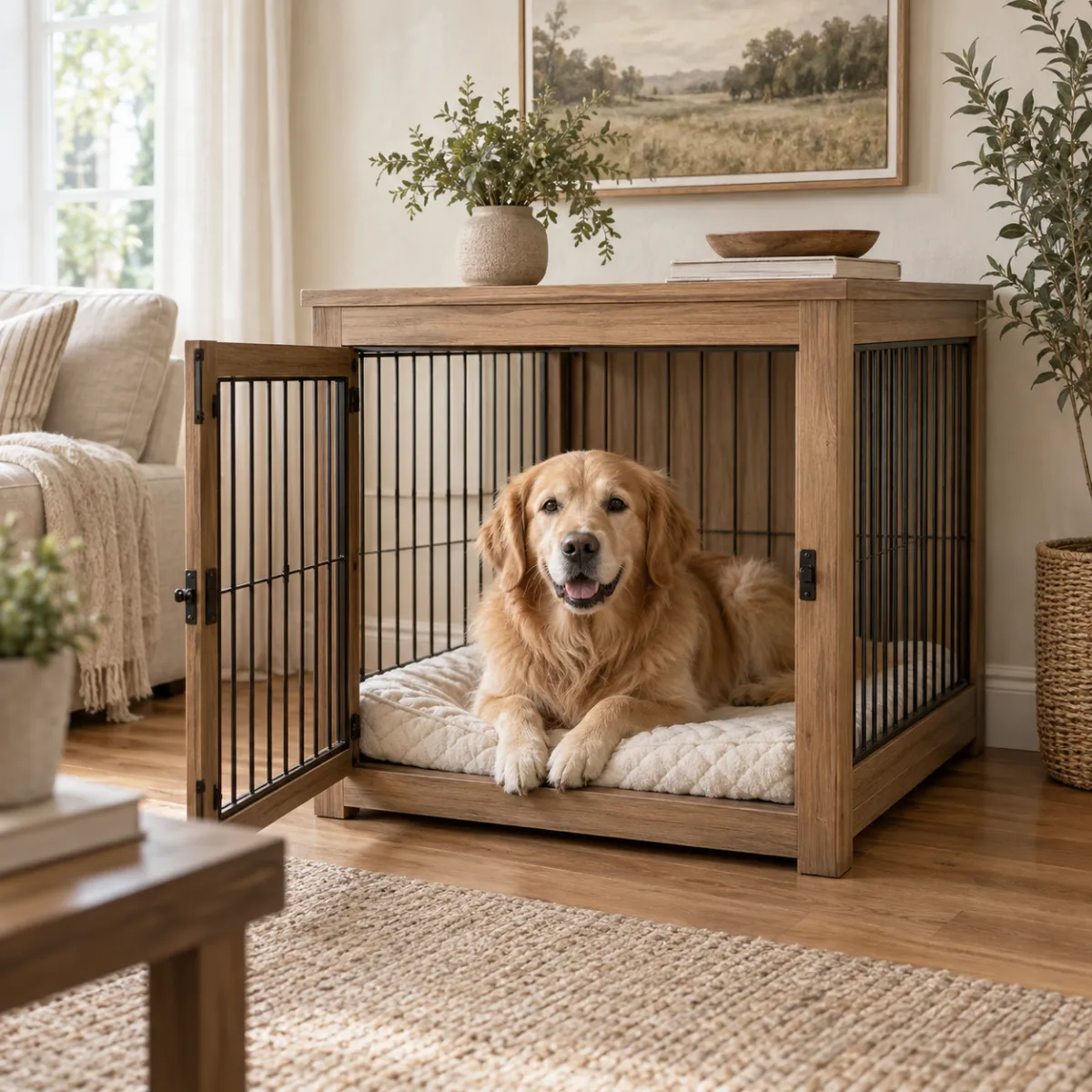 Dog relaxing in wooden dog crate furniture with cushion