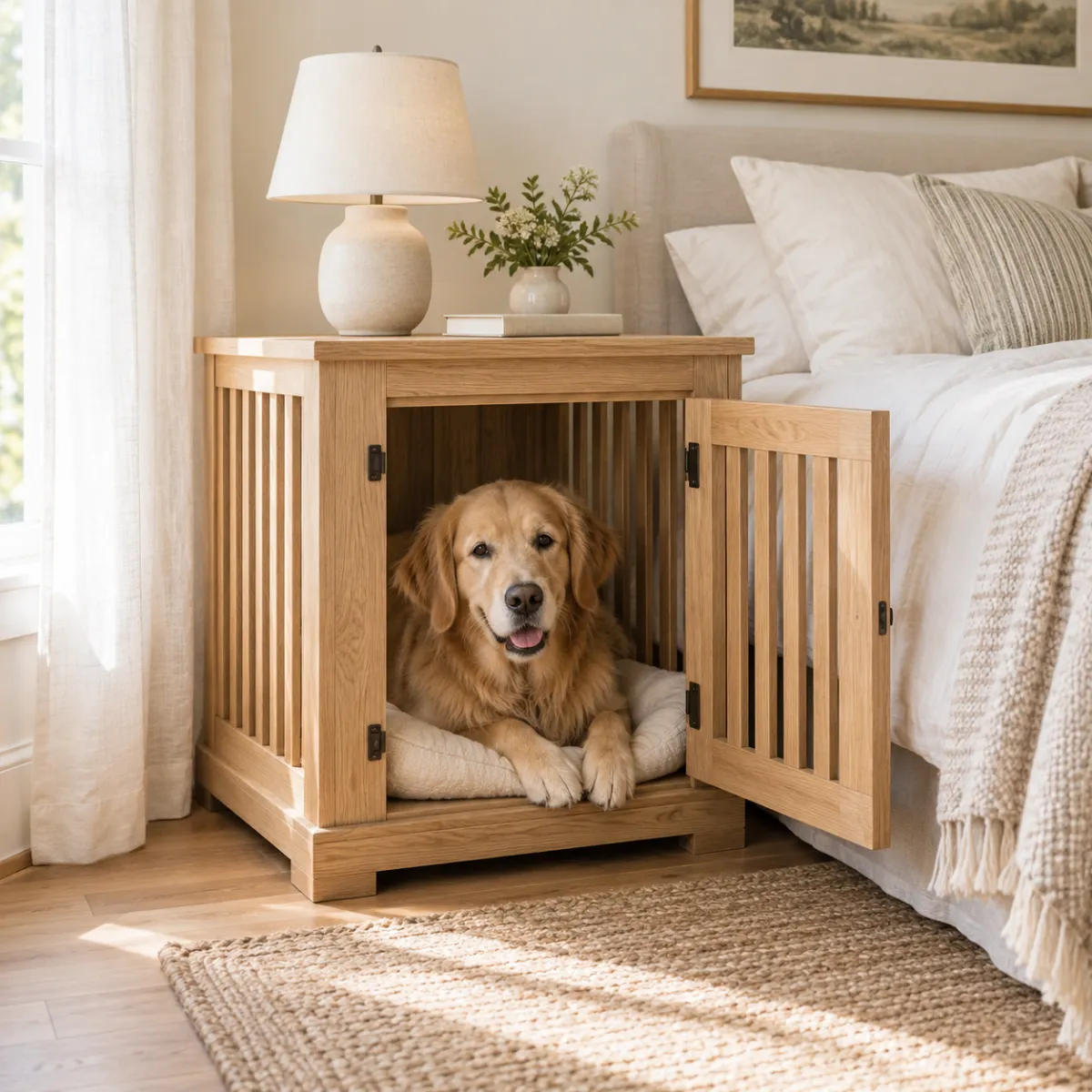Dog crate nightstand with drawer next to a bed
