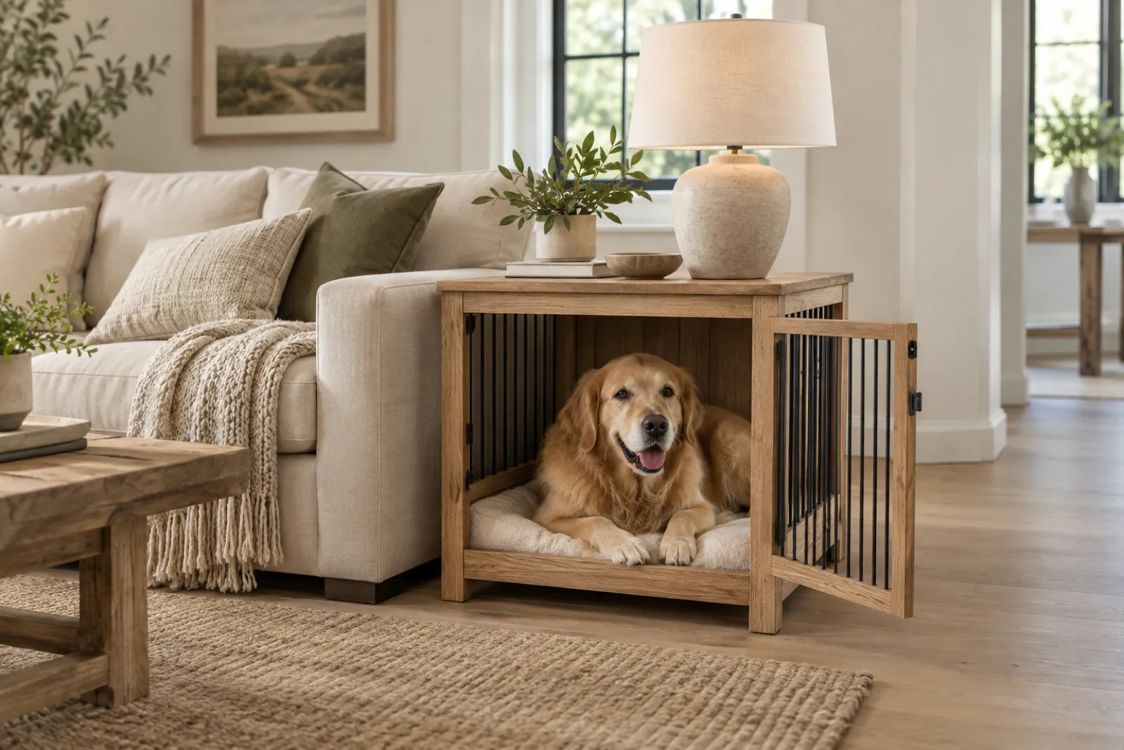 Wooden dog crate furniture styled as an end table beside a sofa, dog resting inside