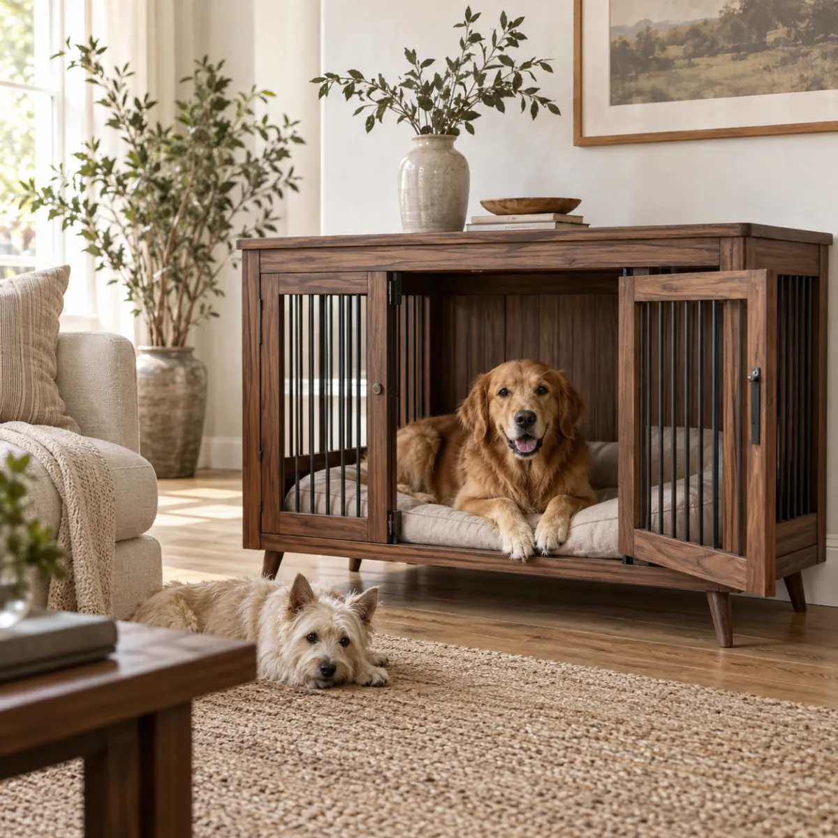 Farmhouse dog crate furniture with barn door in a cozy room