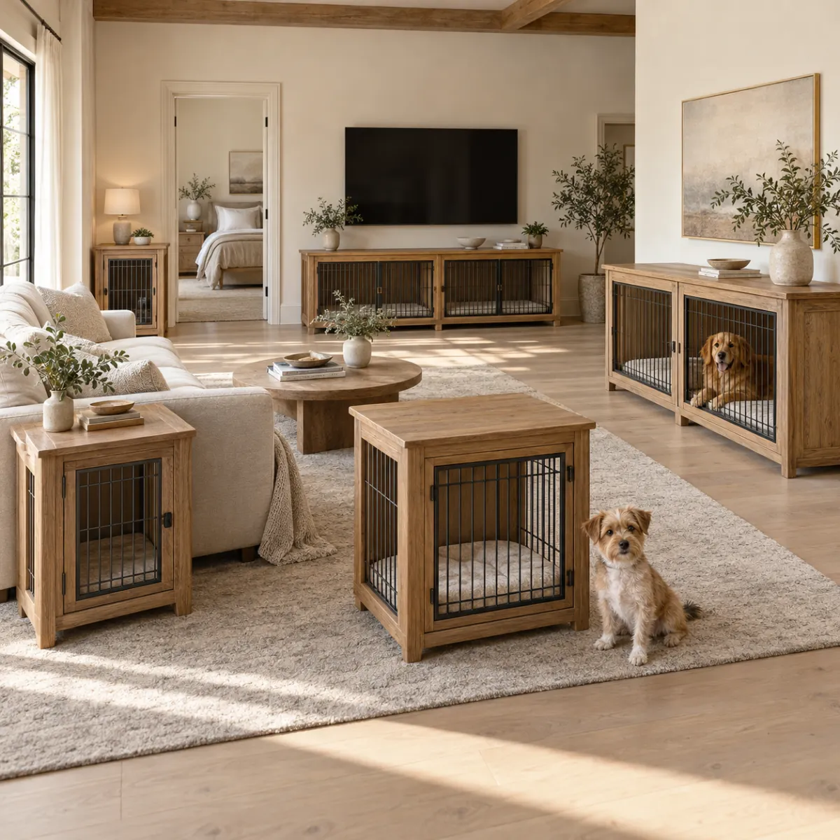 Dog crate end table with storage drawer in a living room