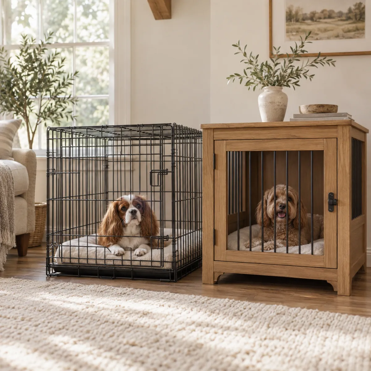 Wire dog crate next to wooden dog kennel furniture for comparison